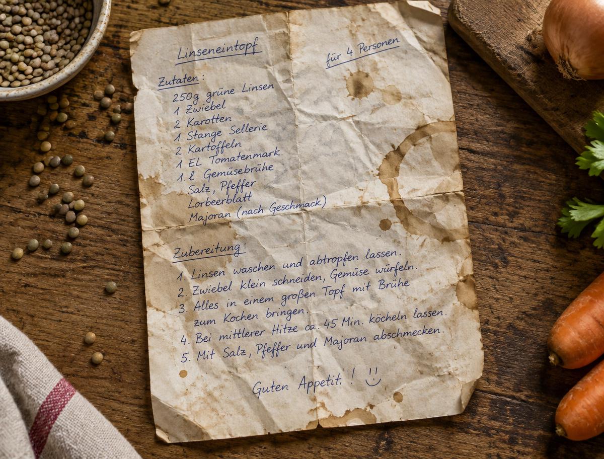 Zerknitterter, handgeschriebener Rezeptzettel für Linseneintopf